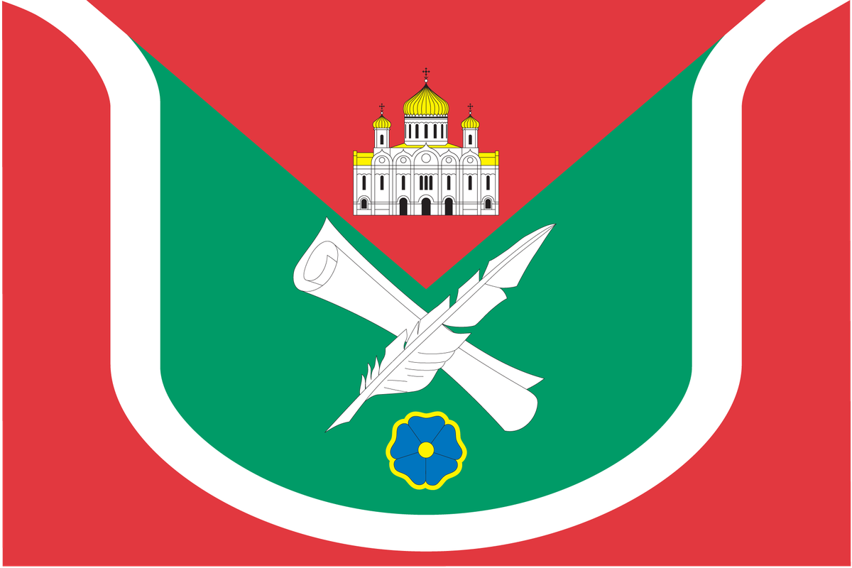 В основе эмблемы района Хамовники - характерная ландшафтная особенность района, ограниченного с трех сторон подковообразно изгибающимся руслом Москвы реки. Кроме того, серебряное подковообразное стропило олицетворяет линию заключенных в камень набережных района. Храм Христа Спасителя - визитная карточка района. Скрещенные перо и свиток означают развитую научную, культурную и просветительскую роль района, где расположены множество музеев, культурных центров и крупных учебных заведений. Цветок льна указывает на первоначальное профессиональное направление деятельности населявших район жителей