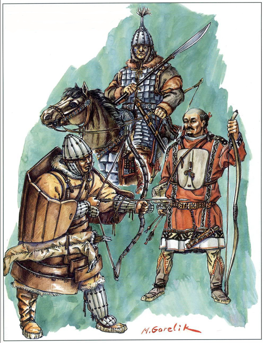 Всадник-якут в тяжелой броне, воин манси (справа) и воин чукчей в кожаном ламинарном доспехе с крылом, XVII век. Художник: Михаил Горелик
