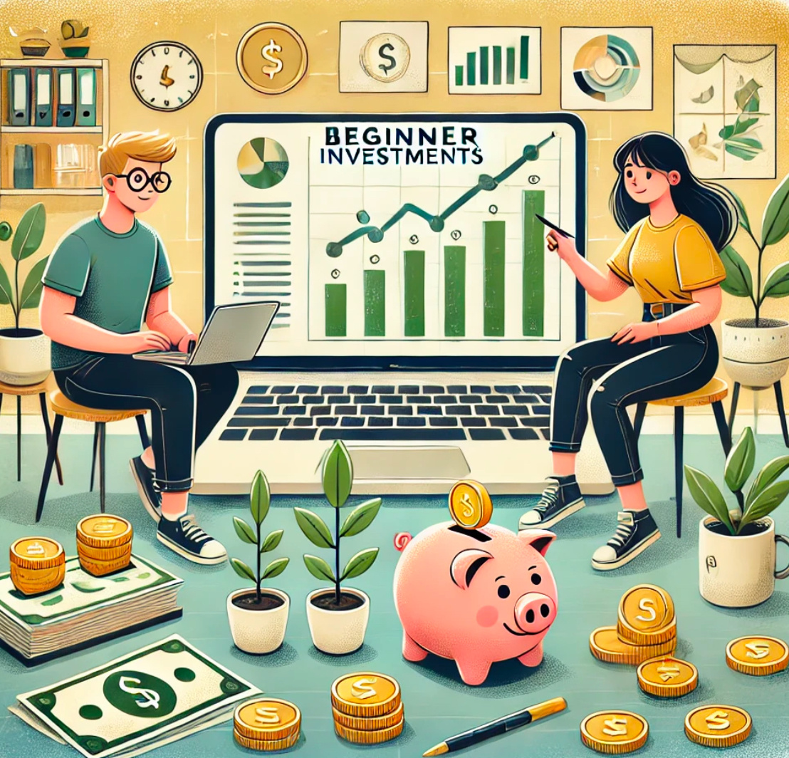 Молодой человек за столом с ноутбуком, копилкой и монетами — символ начала инвестиций и роста капитала.