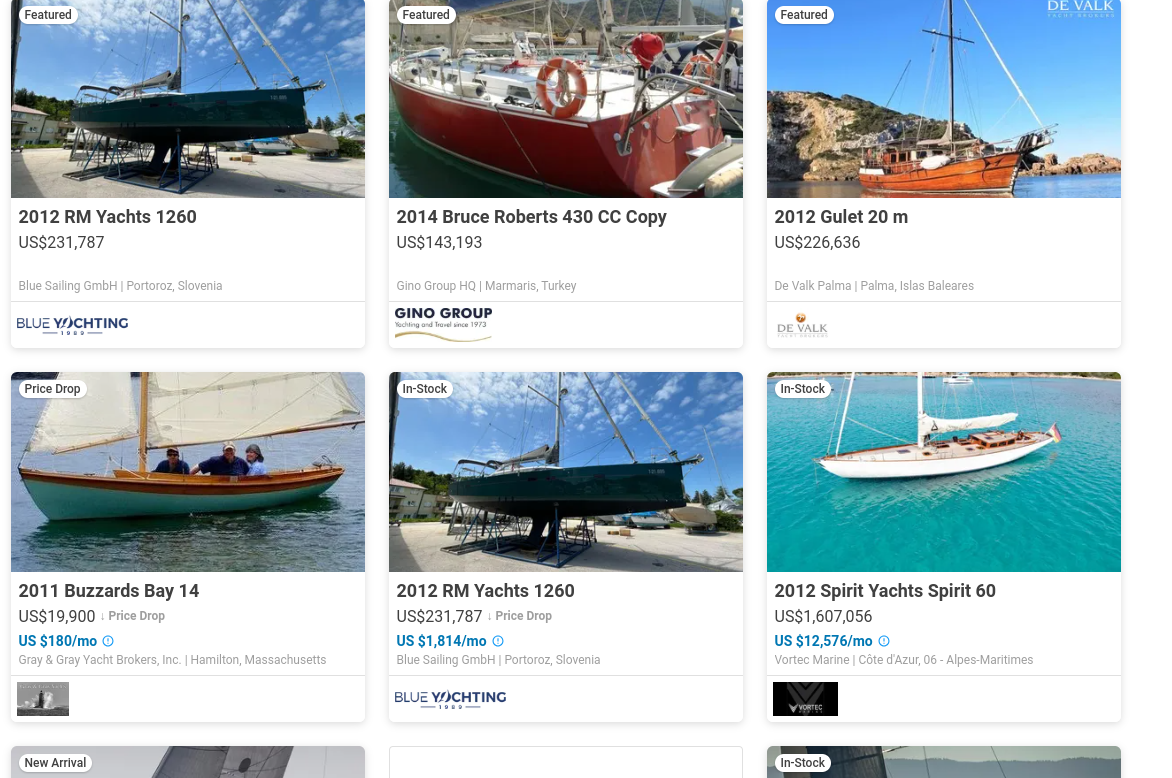 Скриншот с сайта продаж яхт по всему миру