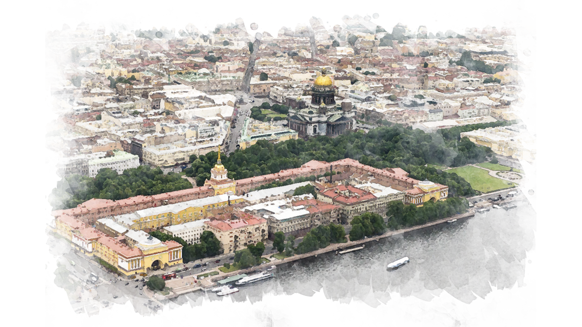 Комплекс зданий Адмиралтейства, одноименная набережная и проспект с высоты птичьего полета