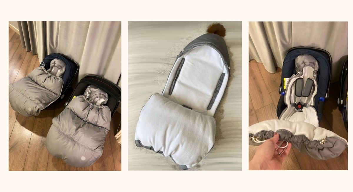 Пуховик-мешок, закреплённый на автокресло. 