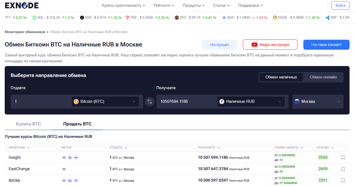 Сайт мониторинга криптообменников Exnode