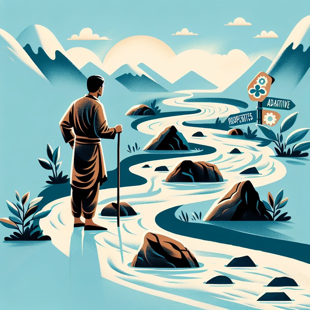 Изображение, сгенерированное DALL·E 3 Практические шаги к резилиентности: Примените простые техники в повседневной жизни, которые помогут стать гибче и устойчивее перед лицом перемен.