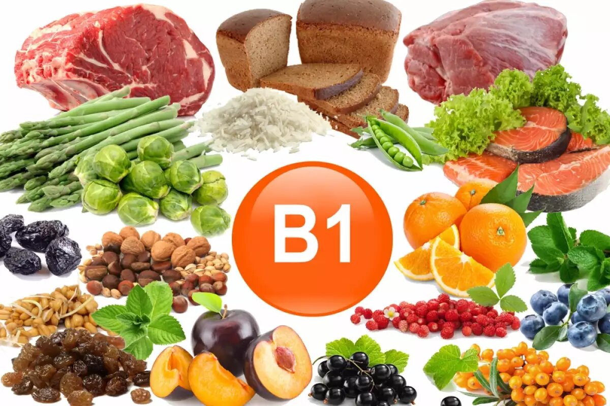 На картинке нарисованы продукты, которые богаты содержанием витамина В1 