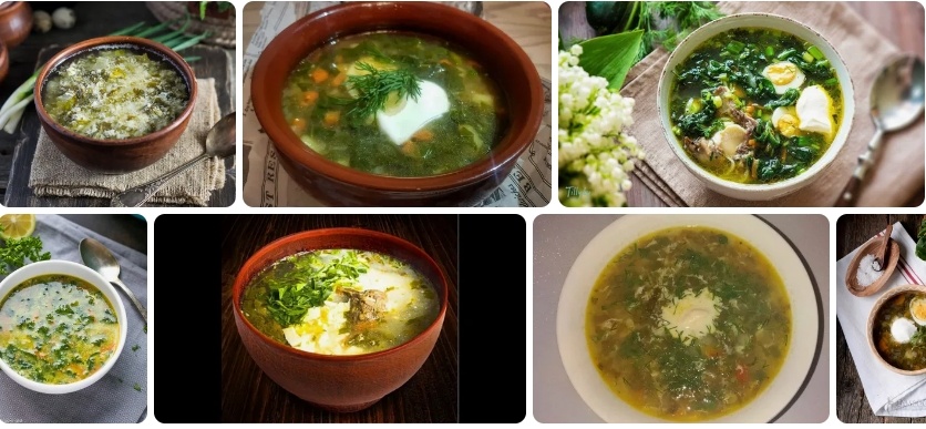 варианты подачи зеленого супа с выпускными или отварными яйцами (скриншот поисковой страницы)