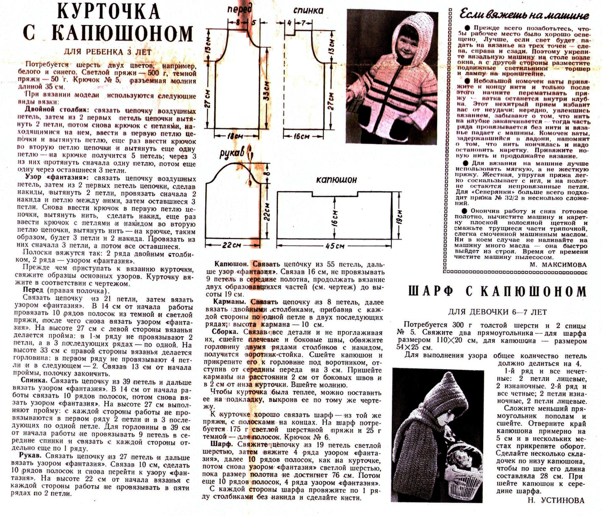 Бесплатное приложение к журналу "Работница", 1978  г., № 1, вязаные курточка с капюшоном, шарф с капюшоном, описание и выкройки