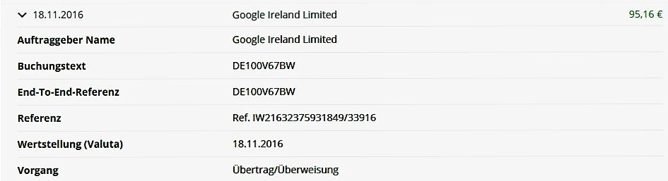 то в ноябре 2016 года я уже получила свой первый перевод в размере 95,16 евро.