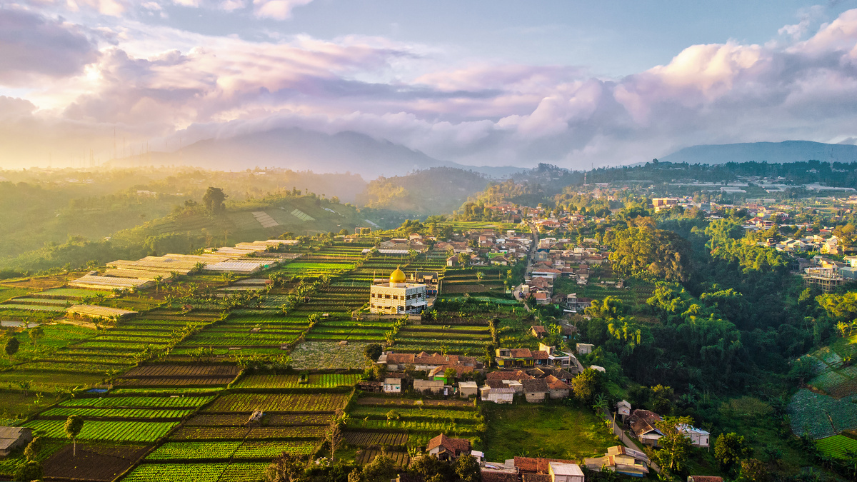 Вид с неба на плодородные земли Республики Индонезия.