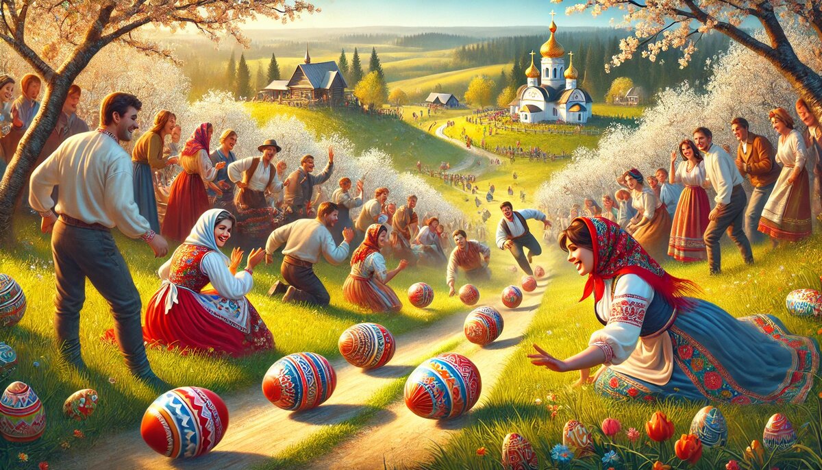 ИНТЕРЕСНО. Игра "Катание яиц" восходит к языческим временам, когда катание яиц символизировало наступление весны и обновление жизни. Считалось, что яйцо, катясь по земле, передает земле плодородие и пробуждает ее от зимнего сна.