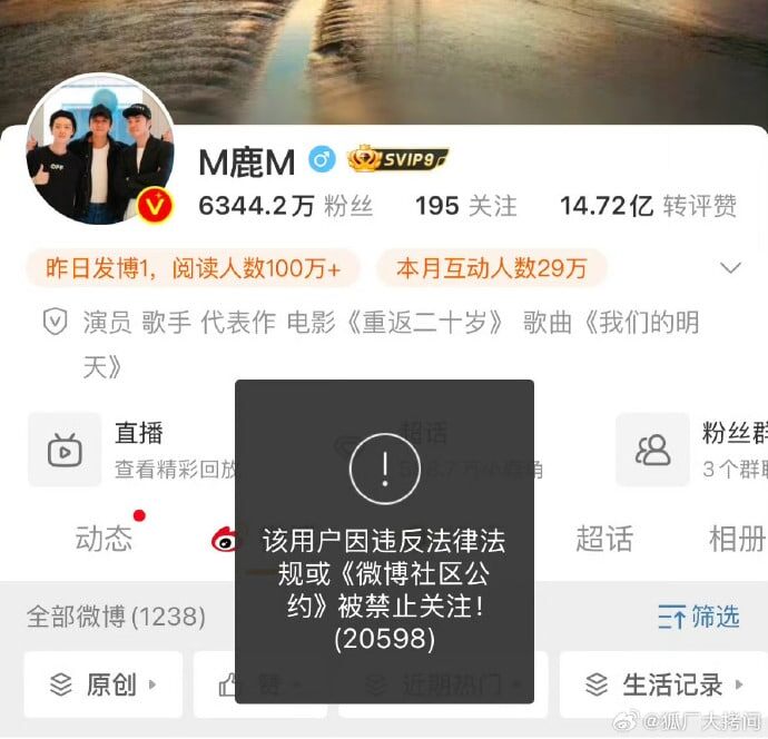    Уведомление, которое появляется при попытке подписаться на страницу Лухана в Weibo