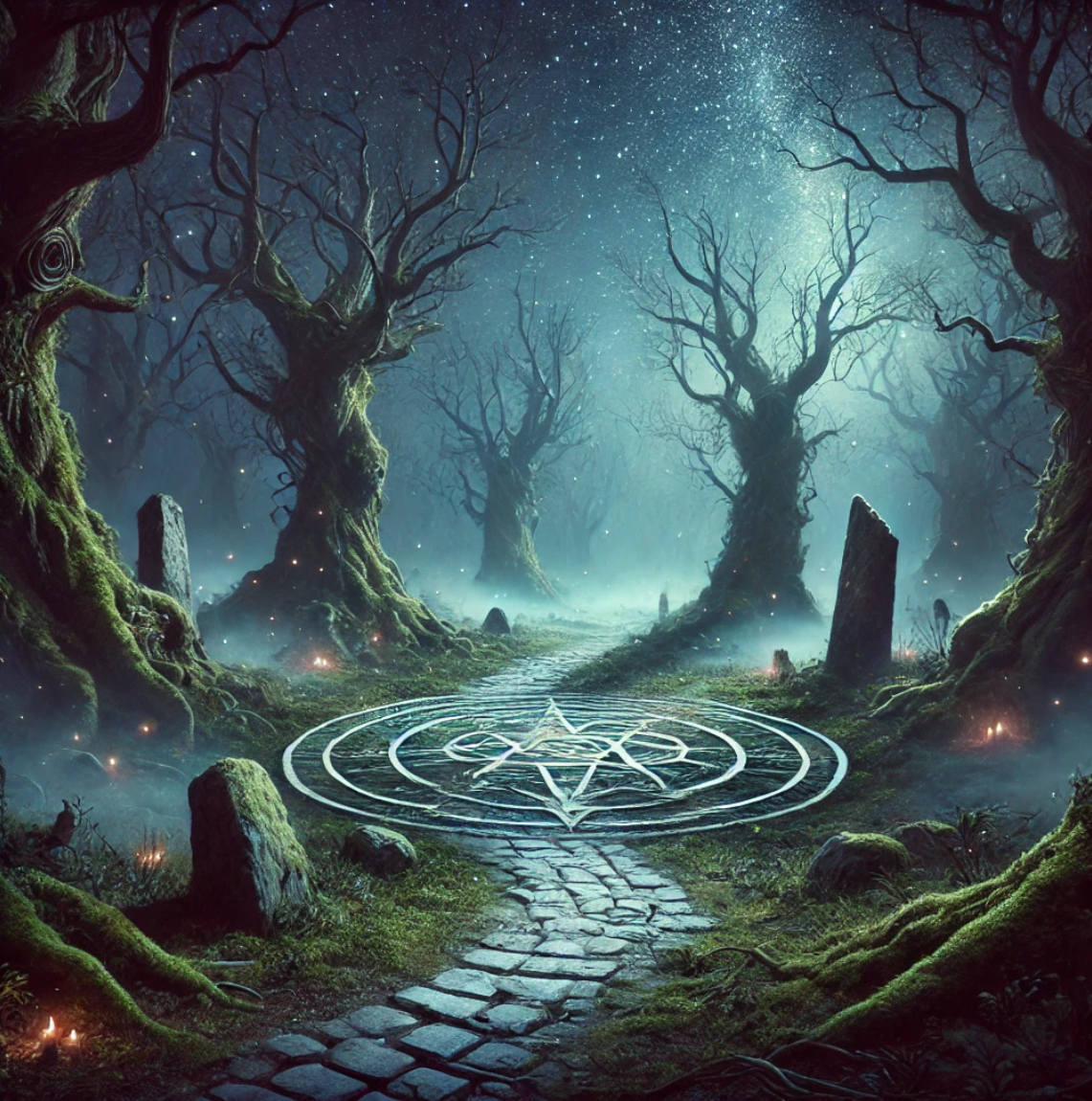 Мистическое распутье в мрачном зачарованном лесу. 