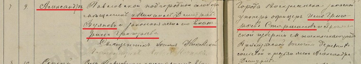 Источник ЦГАМ 203_780_2275 стр. 316 Запись о рождении 7 марта и крещении 9 марта первенца Александра Михайловича Буянова.
