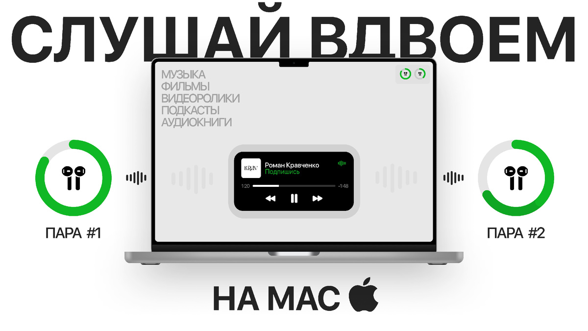 Две пары наушников подключаем к Macbook