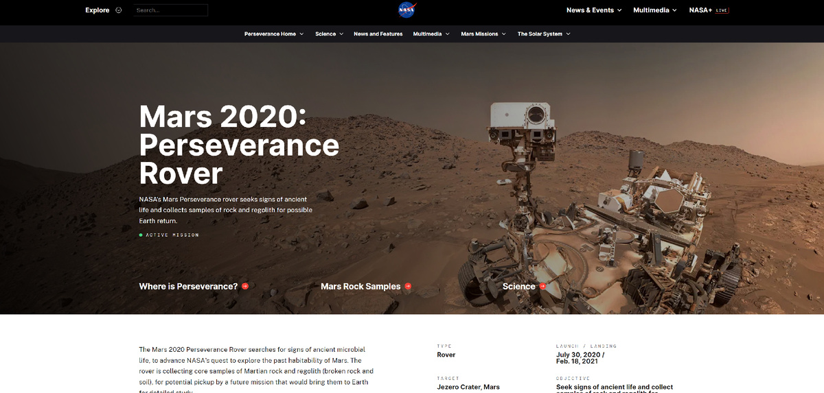 Страница марсохода "Perseverance" на сайте НАСА 