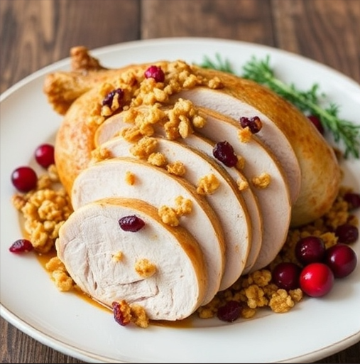 Запеченная индейка с фаршем из грецких орехов и клюквы 