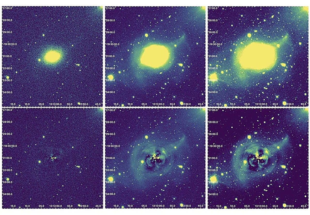 Кадры с центром на NGC 5018 (верхние изображения) и остатки, полученные после вычитания модели (нижние изображения) в u, g и r-диапазонах.     
 Источник: 10.48550/arxiv.2412.18015  📷
