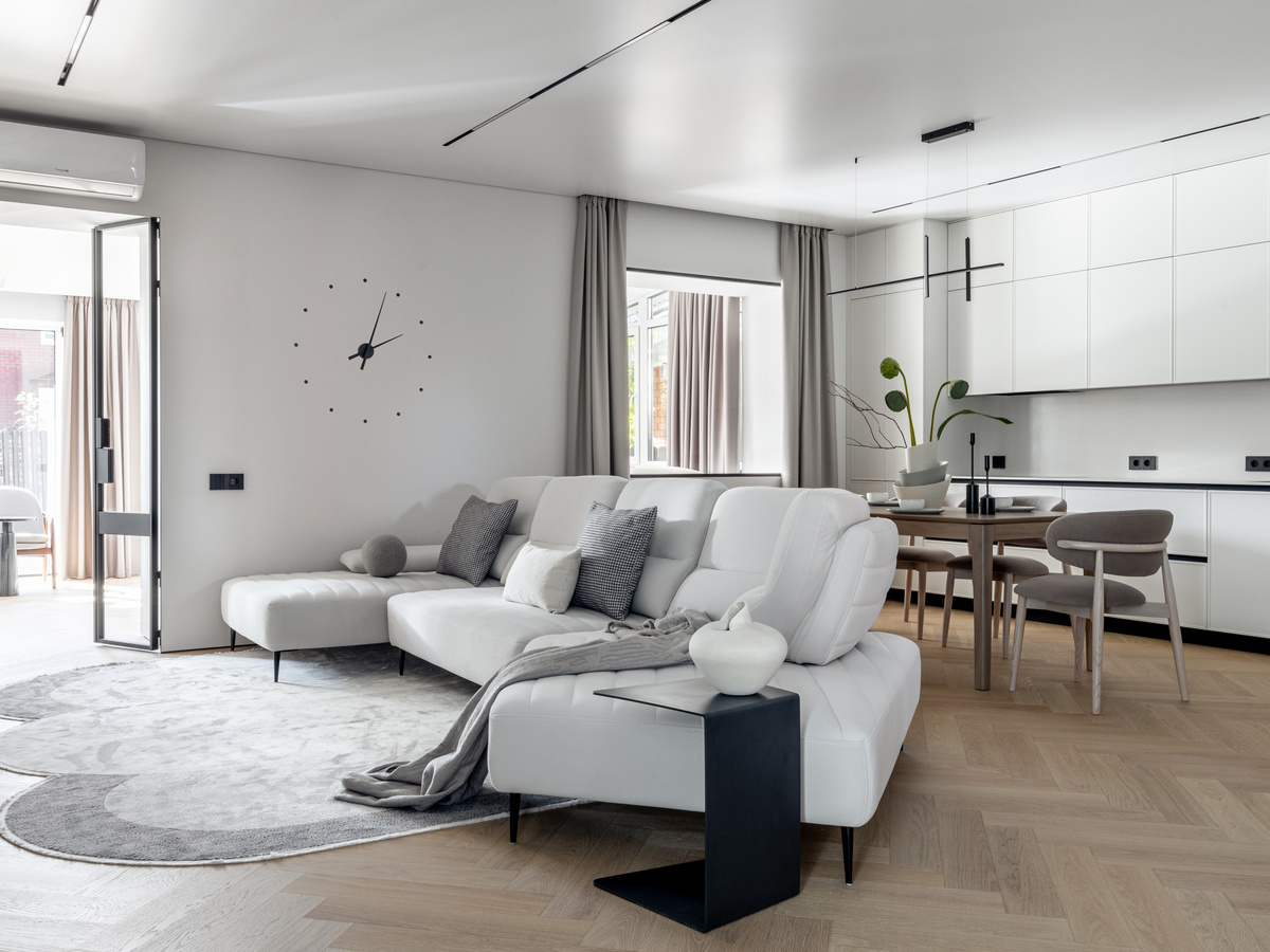 Реализованный дизайн-проект. Зона кухни-гостиной — 48,62 м²