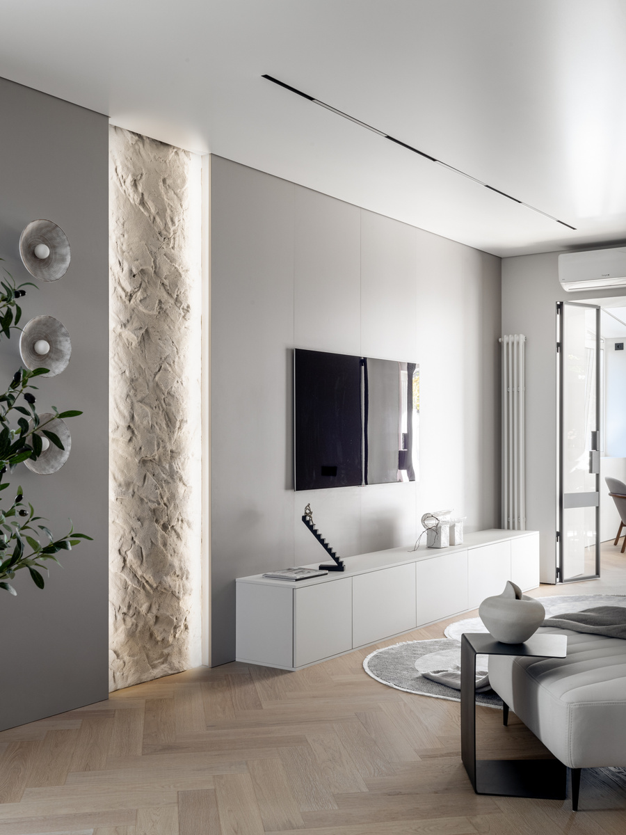 Реализованный дизайн-проект. Зона кухни-гостиной — 48,62 м²