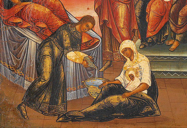 Повитуха с младенцем на иконе «Рождество Богородицы». Россия, XIX