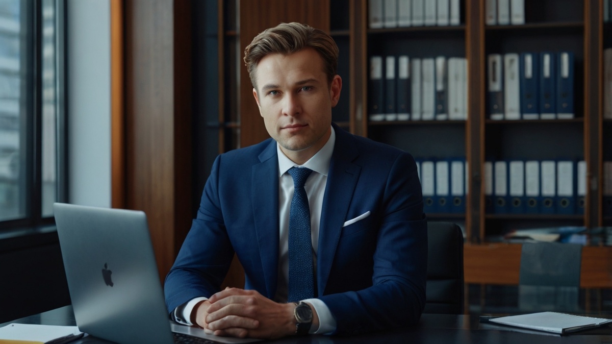 Деловой человек в тёмно-синем костюме