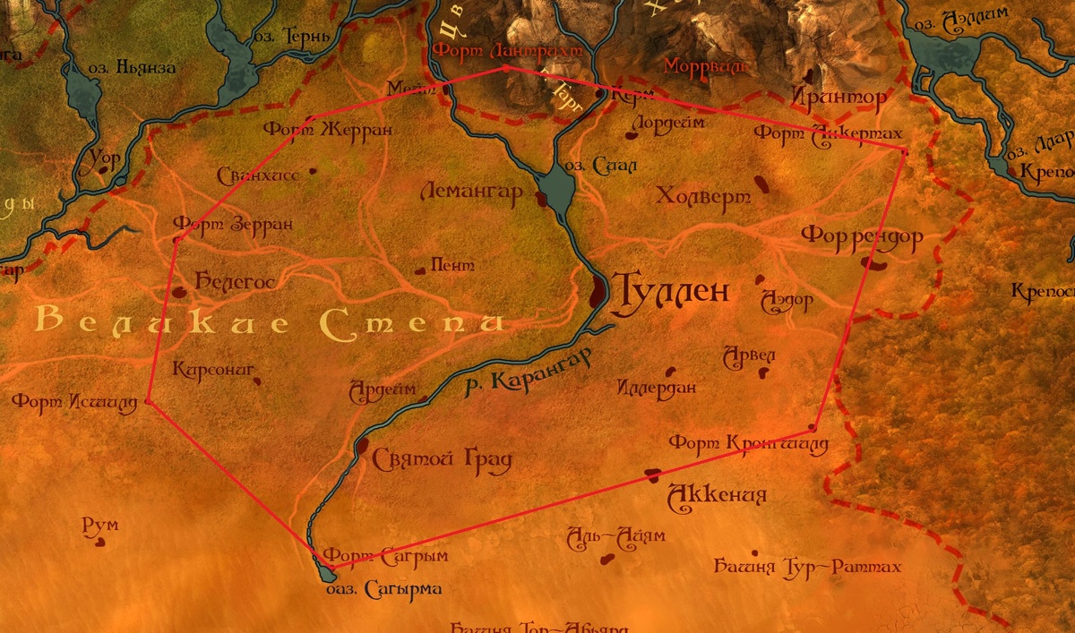 Если провести линии от фотра до форта, то можно легко узнать размер страны Тугард.