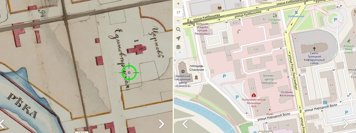 План Екатеринбурга 1845 г. (слева) и и современная карта Екатеринбурга (справа). Источник: retromap.ru