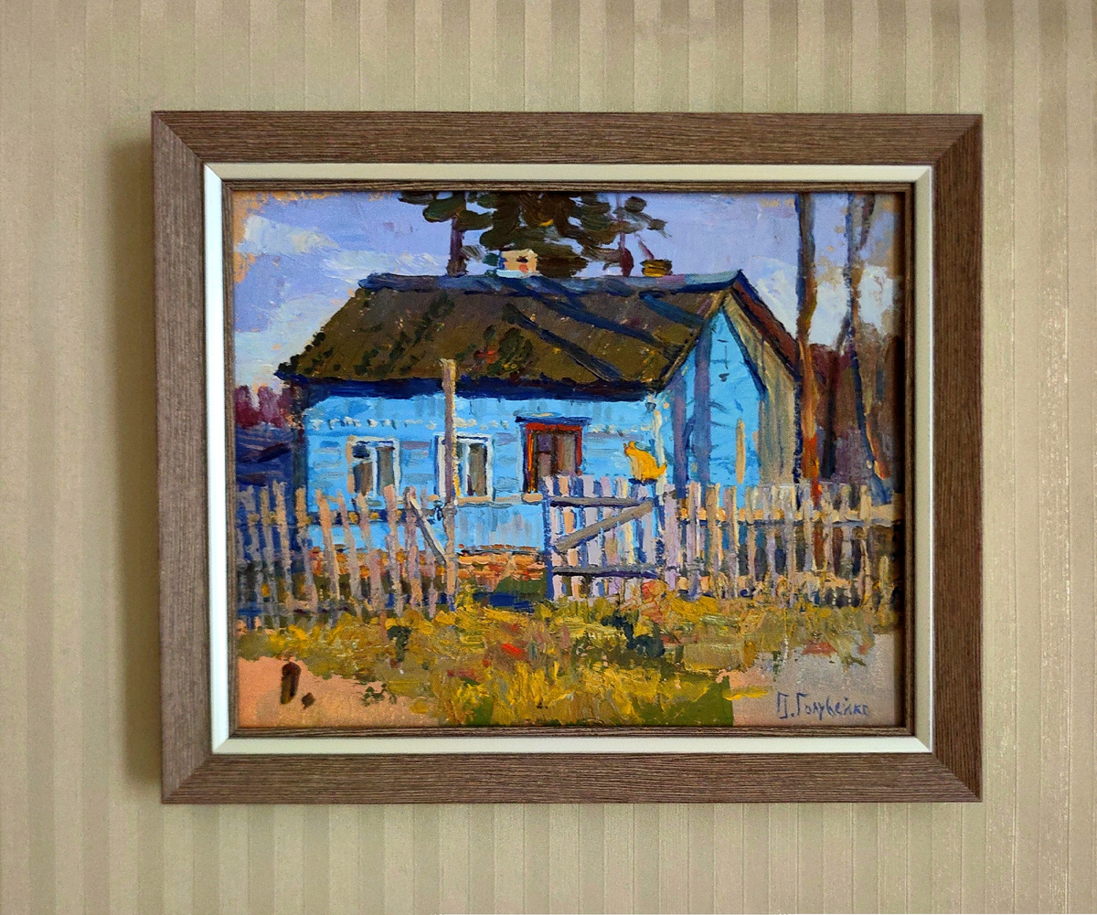 Картина в раме. Висит на стене с боковым источником света (справа) и не близко к окну!