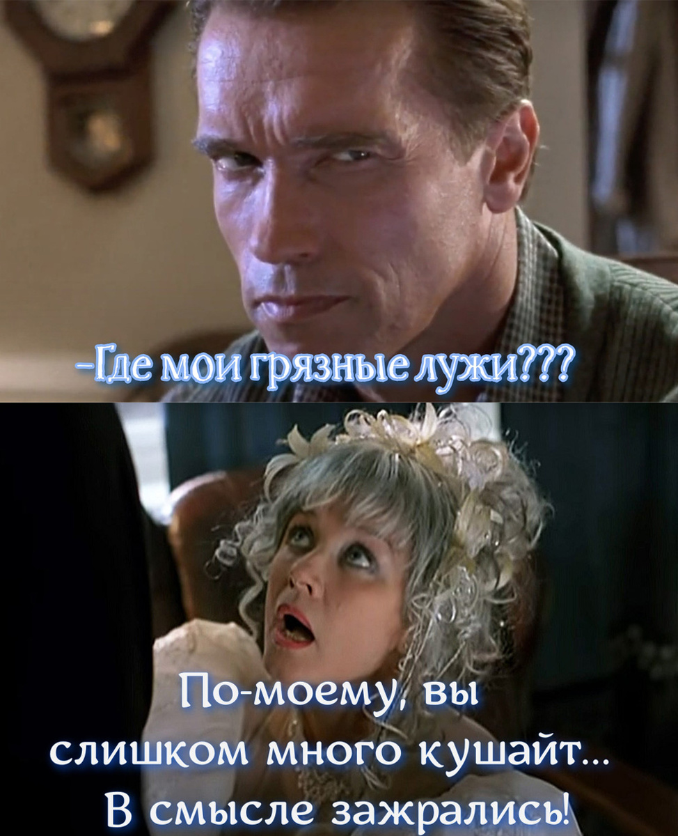 кадры из фильма «Правдивая ложь» 1994 и кадр из фильма «Ширли-мырли» 1995. Мем от Кэрол Абзац