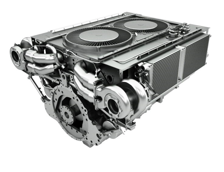 Силовая установка. Видны два осевых вентилятора системы охлаждения, смогтированные над двигателем.