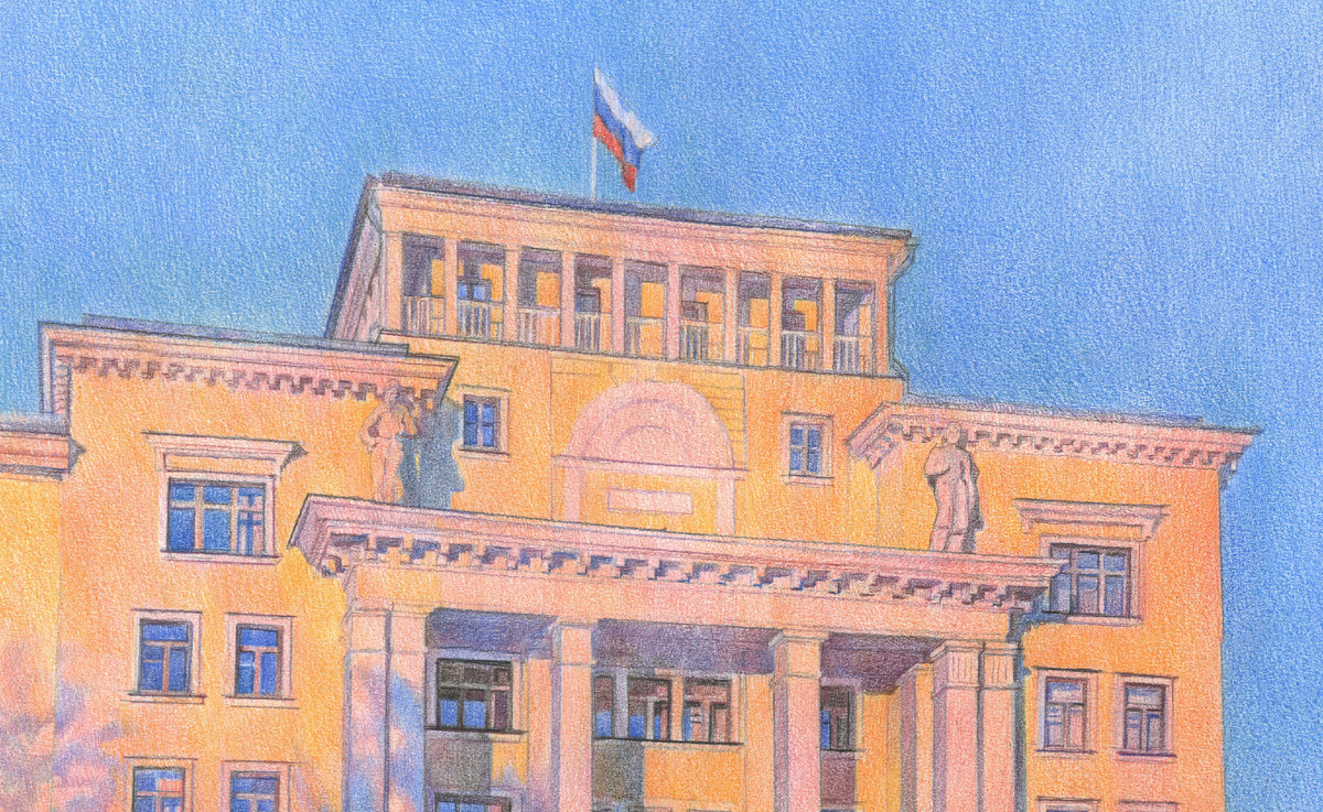 Ксения Тихонова. Серия: Удивительный Смоленск. Лист: На перекрёстке эпох. 2026. Бумага, цветной карандаш. Фрагмент.