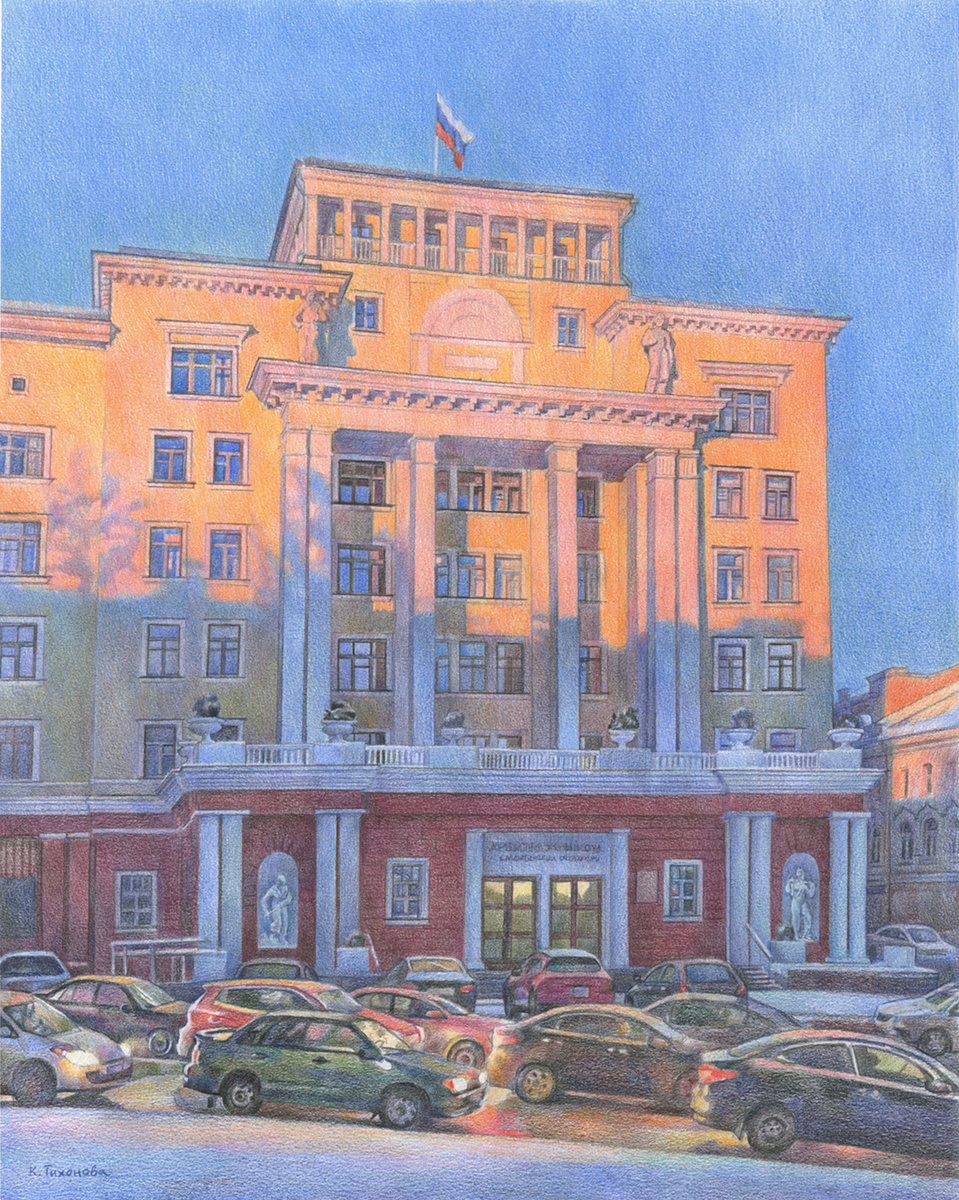 Ксения Тихонова. Серия: Удивительный Смоленск. Лист: На перекрёстке эпох. 2026. Бумага, цветной карандаш. 51Х41.
