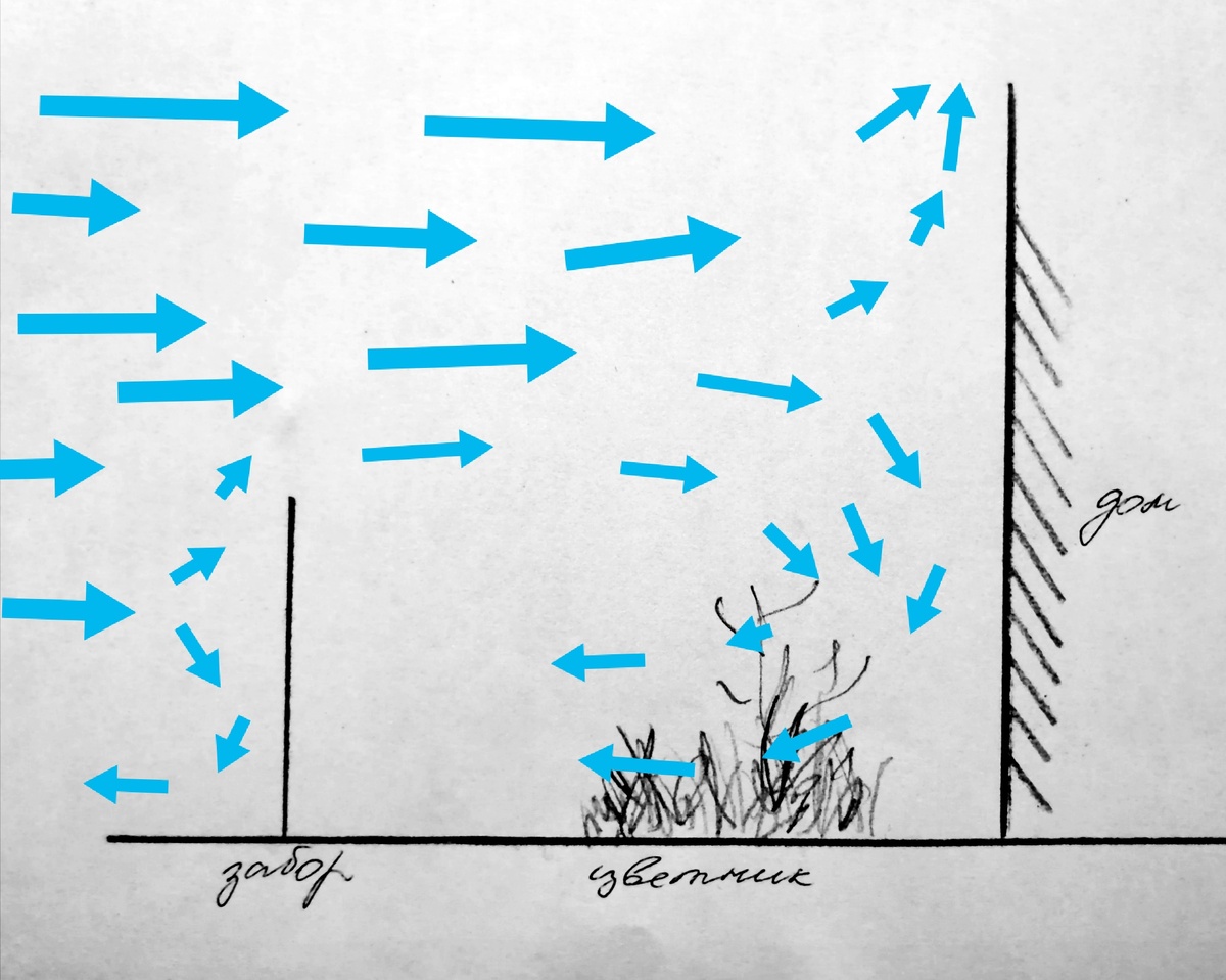 Схематически показала, как движется ветер между внешним забором и домом (расстояние примерно 5 метров). 