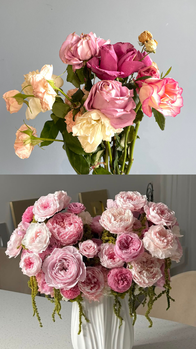 На верхнем фото срезанные цветы через 19 дней, а на нижнем букет из стабилизированных цветов, который простоял у клиента 6 месяцев!