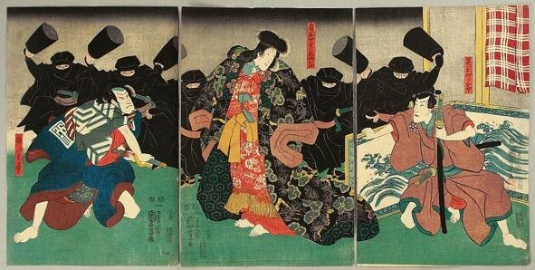 Куниёси Утагава (1797—1861)
Кисин Омацу и нападающие ниндзя.