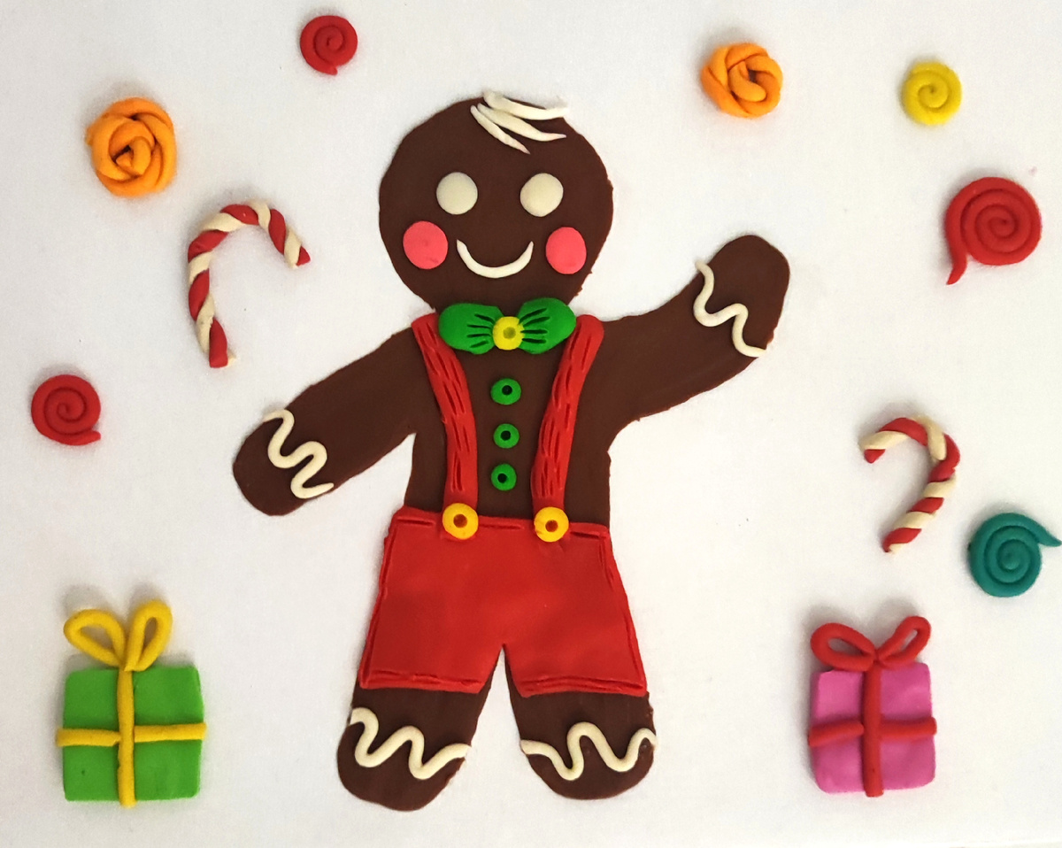 Готовый вариант аппликации из пластилина на картоне Пряничный человечек.