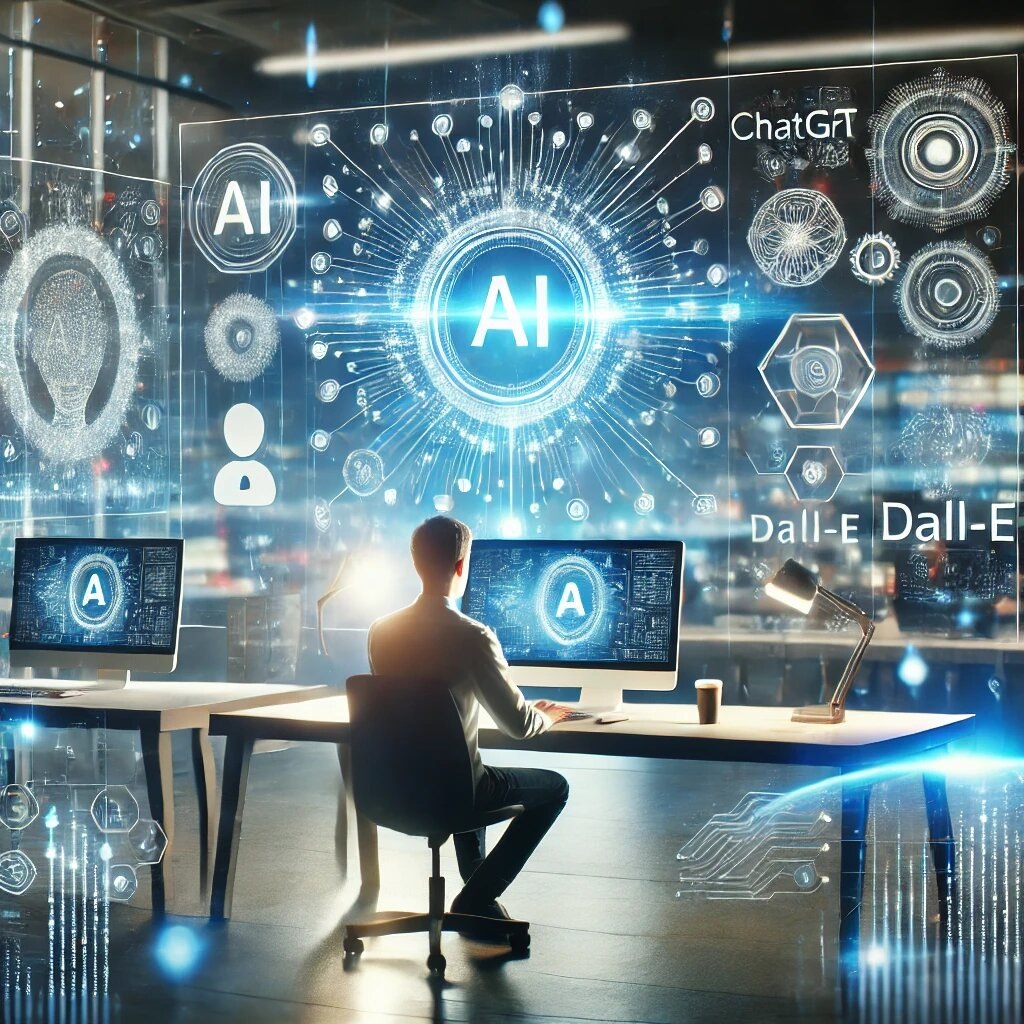 Футуристическая офисная обстановка с человеком, работающим за компьютером, в окружении светящихся значков, представляющих инструменты искусственного интеллекта, такие как ChatGPT, DALL-E и другие AI