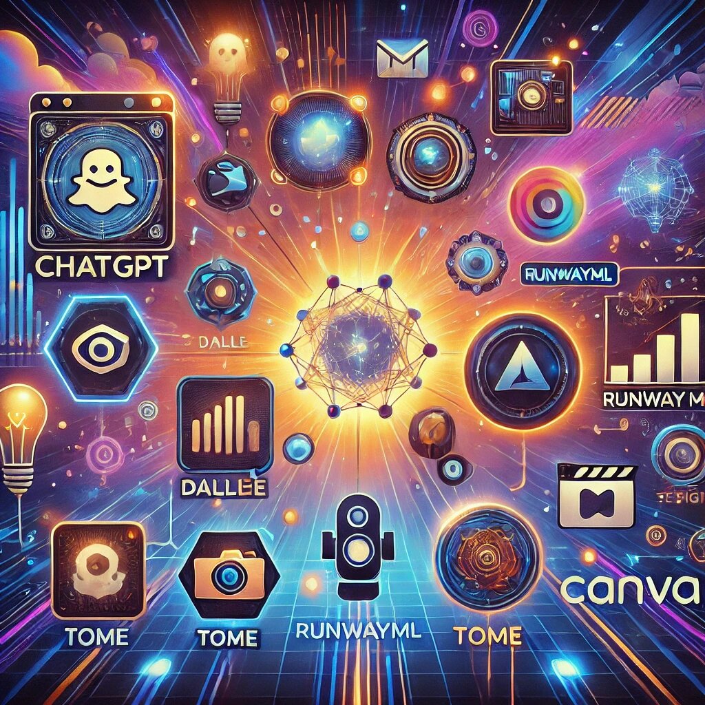 Привлекательная иллюстрация в стиле цифрового коллажа, демонстрирующая различные инструменты искусственного интеллекта, каждый из которых визуально представлен в ярком и футуристическом стиле.