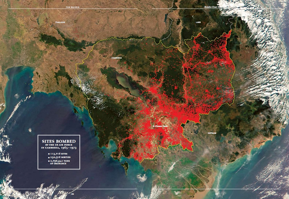 Бомбардировки Камбоджи авиацией США проводились с октября 1965 года по август 1973 года. Помечены красным.