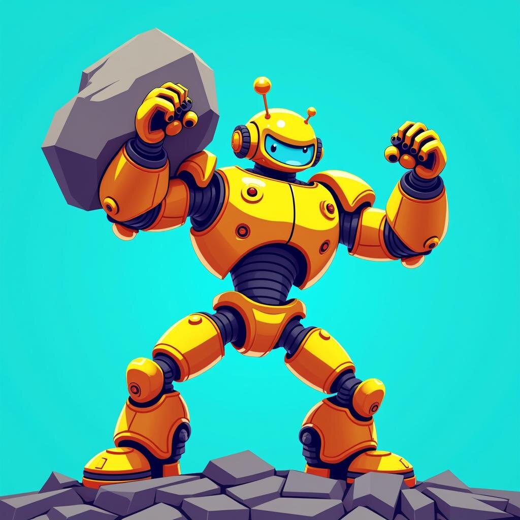    Вот текст футуристический карикатура гуманоидный робот поднимающий камень Бугайск