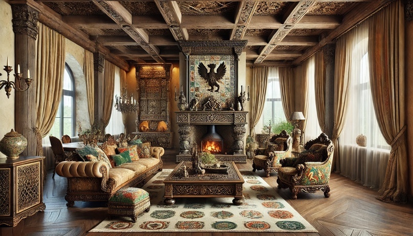 СГостиная в русском стиле. Огромные пространства, резьба Севера, грифон, как символ исторического наследия Тартарии.