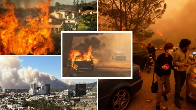 Клубы дыма видны, когда лесной пожар горит в Пасифик Палисадес, вид из Санта-Моники и Вествуда; (справа) Люди спасаются от надвигающегося пожара Палисадес на машинах и пешком в районе Пасифик Палисадес.
