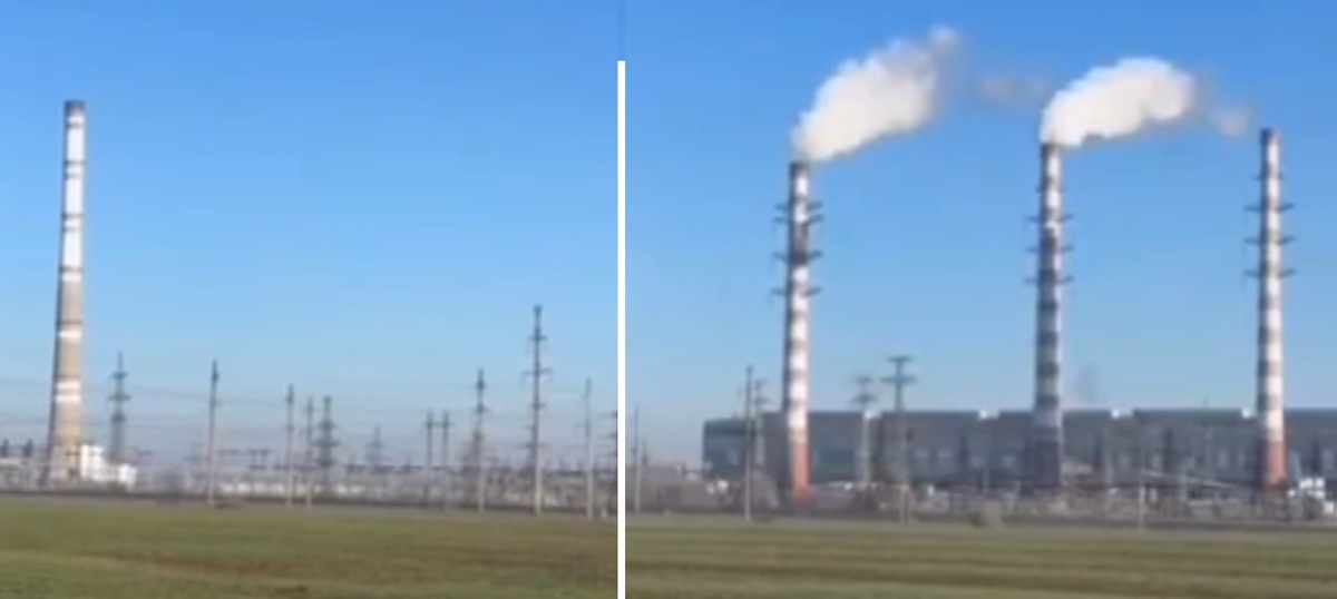 Молдавская ГРЭС, кадры из видео, предположительно снятого 31.12.2024: слева – уже не работают два энергоблока ПГУ по 250 МВт, справа – ещё в работе один газомазутный энергоблок (210 МВт, левая труба), но уже работает и пылеугольный энергоблок (200 МВт, центральная труба)