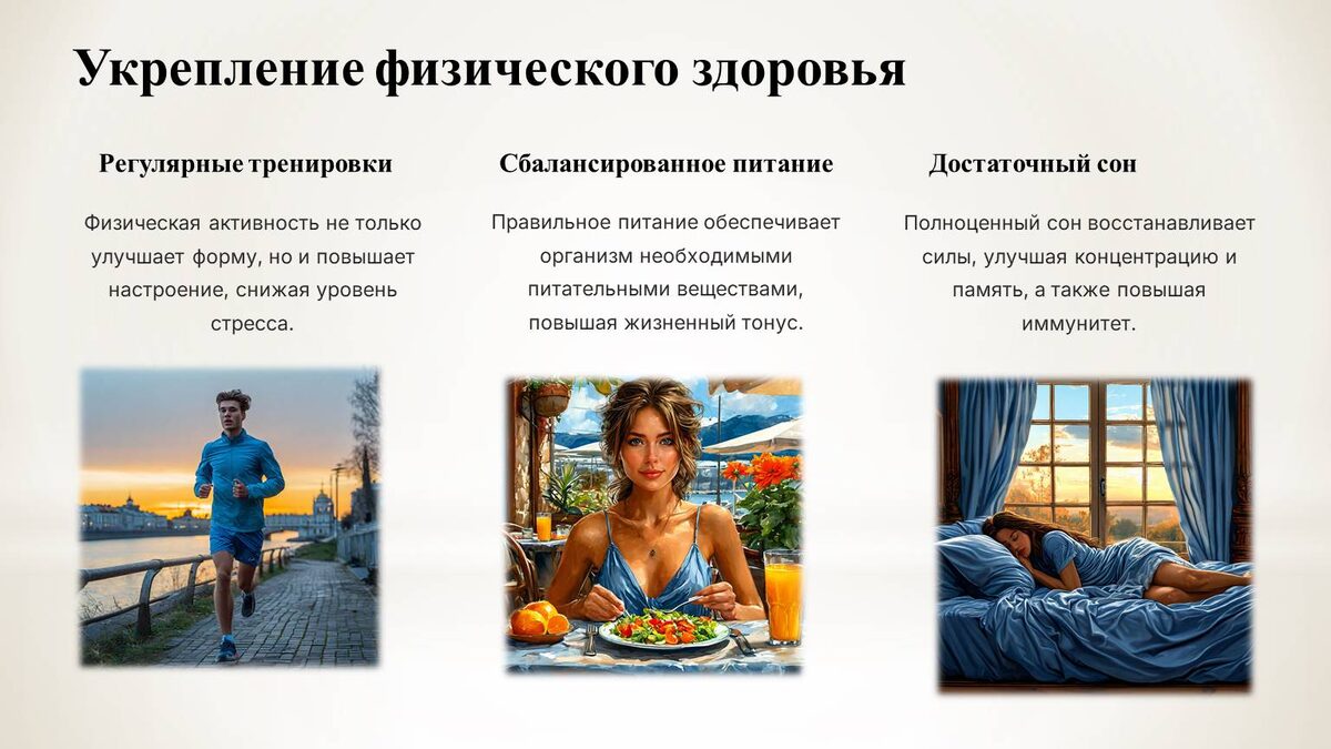 1.	Заботьтесь о своём физическом здоровье. Регулярные физические упражнения, правильное питание и достаточный сон помогут укрепить ваше физическое состояние и снизить уровень стресса.