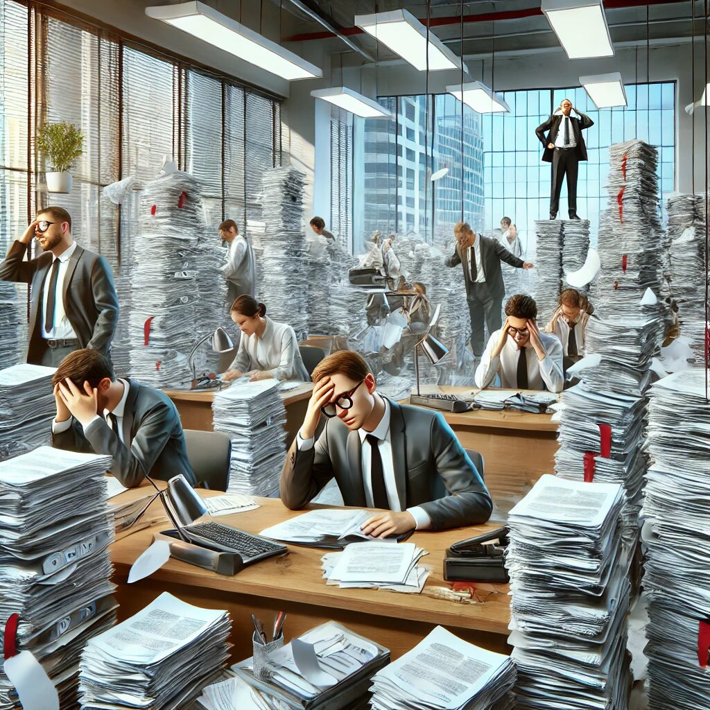 Сотрудники в офисе, погруженные в рутину.