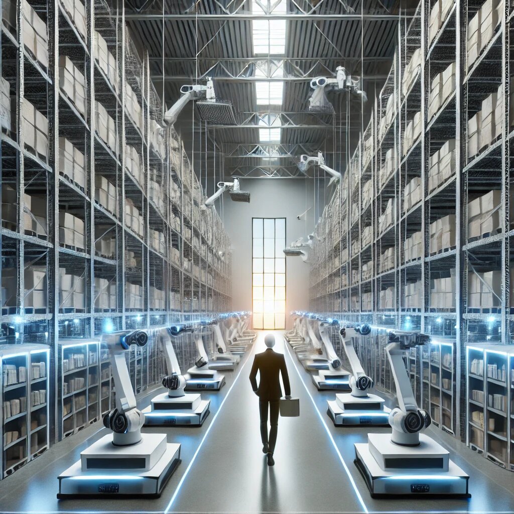 Роботы и автоматизированные системы на складе, сортирующие и упаковывающие товары.