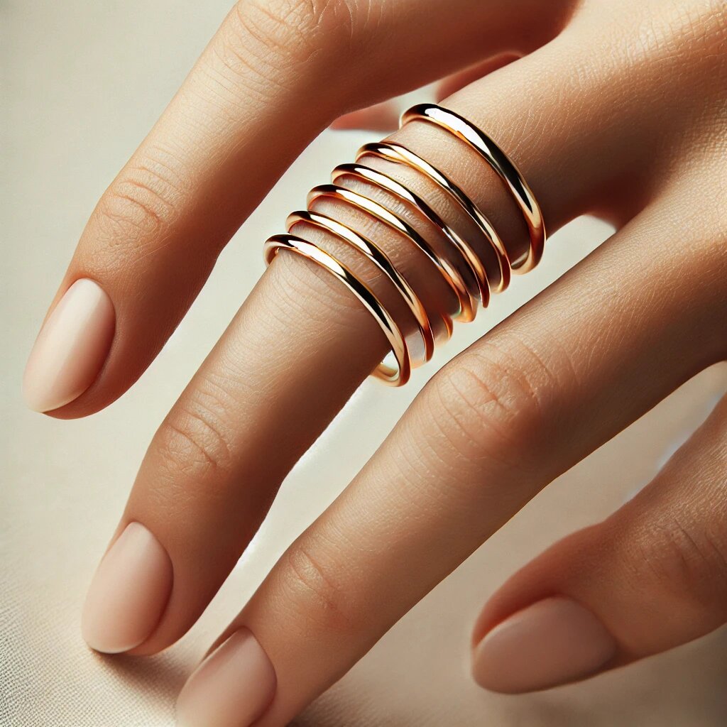  Несколько тонких золотых колец, надетых на палец, создающих стильный и современный многослойный образ