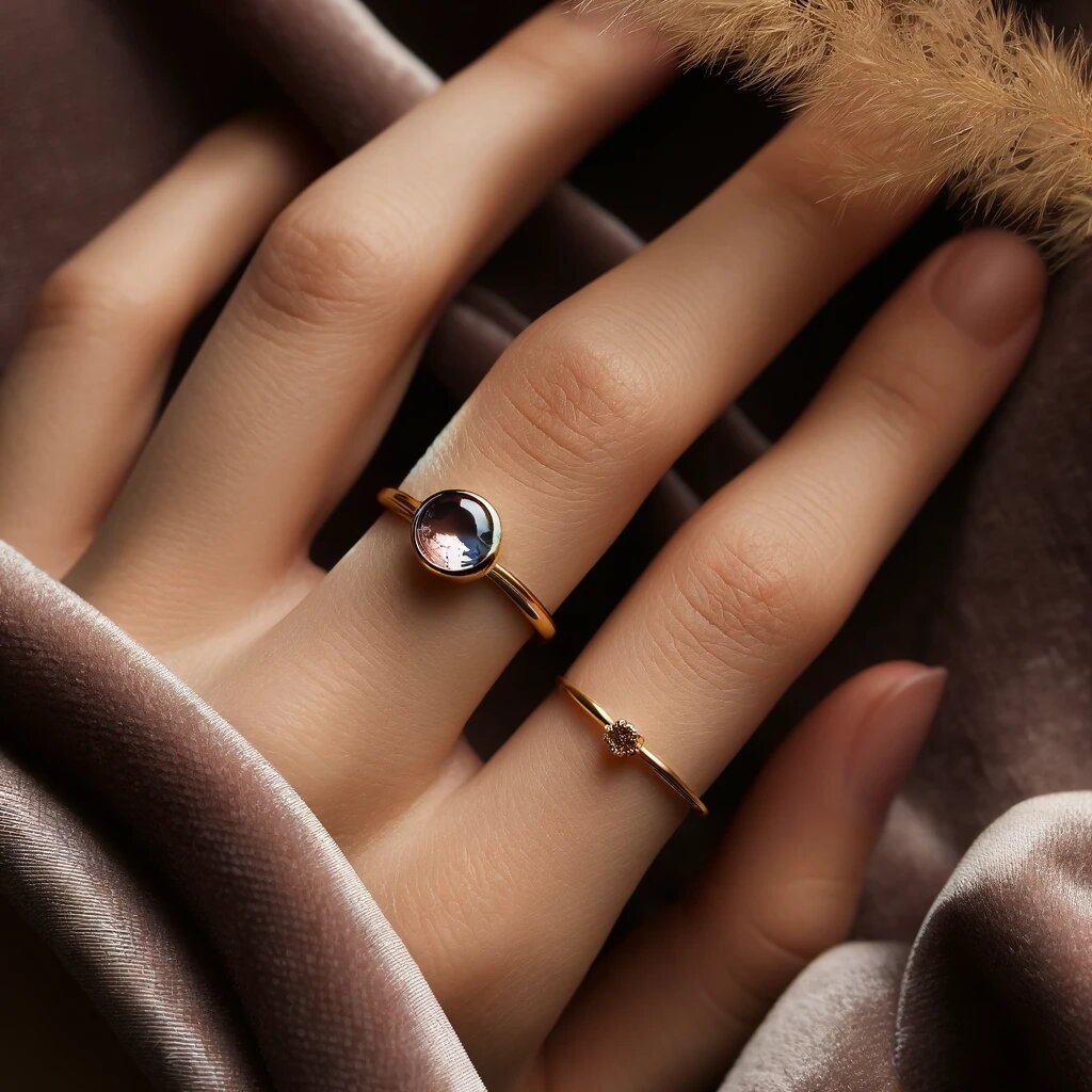 Золотой перстень с камнем и тонкое минималистичное кольцо на соседнем пальце