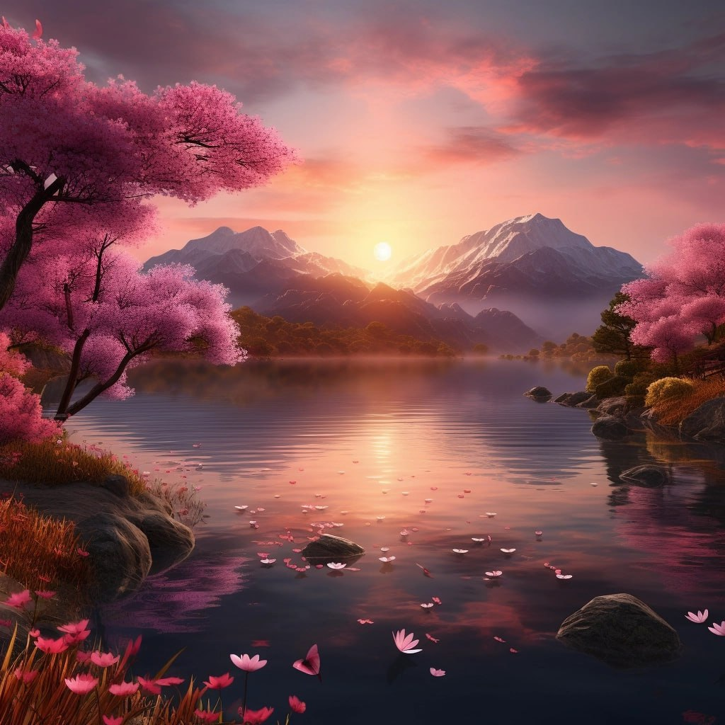 Красивое озеро во время розового заката. Деревья напоминают цветущую сакуру. Чем не работы японских художников?
