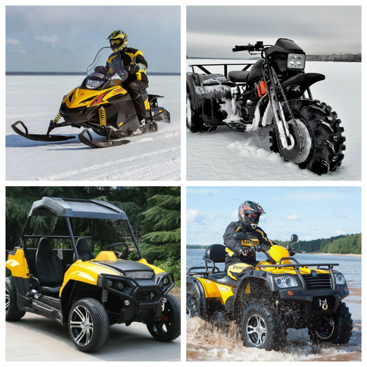 Снегоход, трицикл, квадрицикл, квадроцикл.